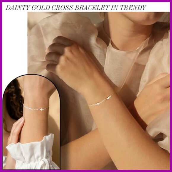 Dainty Gold Cross Bracelet with Birthstone, 6.5" Adjustable Chain - Picture 6 of 8